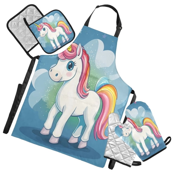 5-Piece Kitchen Apron Set with Heat-Resistant Gloves & Insulation Mats for Cooking, Baking, BBQ Rainbow Unicorn