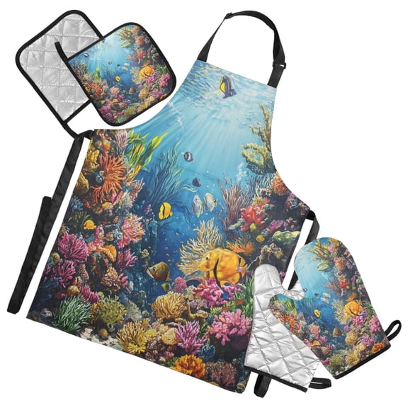 5-Piece Kitchen Apron Set with Heat-Resistant Gloves & Insulation Mats for Cooking, Baking, BBQ Underwater World