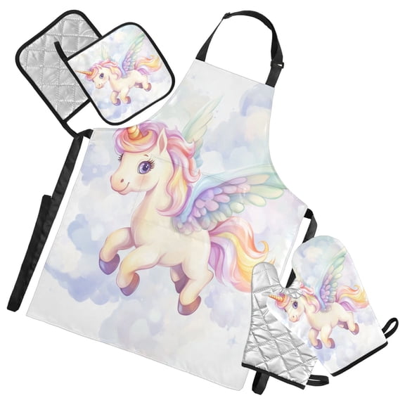 5-Piece Kitchen Apron Set with Heat-Resistant Gloves & Insulation Mats for Cooking, Baking, BBQ Unicorn with Wings