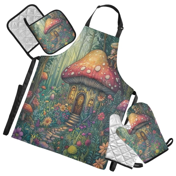 5-Piece Kitchen Apron Set with Heat-Resistant Gloves & Insulation Mats for Cooking, Baking, BBQ Whimsical Mushroom House