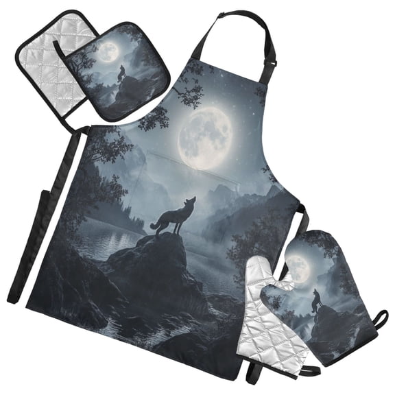 5-Piece Kitchen Apron Set with Heat-Resistant Gloves & Insulation Mats for Cooking, Baking, BBQ Wolf Howling at The Moon