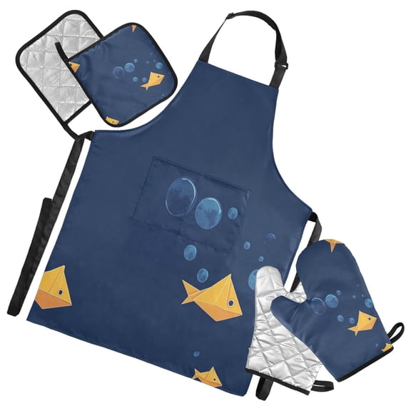 5-Piece Kitchen Apron Set with Heat-Resistant Gloves & Insulation Mats for Cooking, Baking, BBQ Yellow Origami Fish