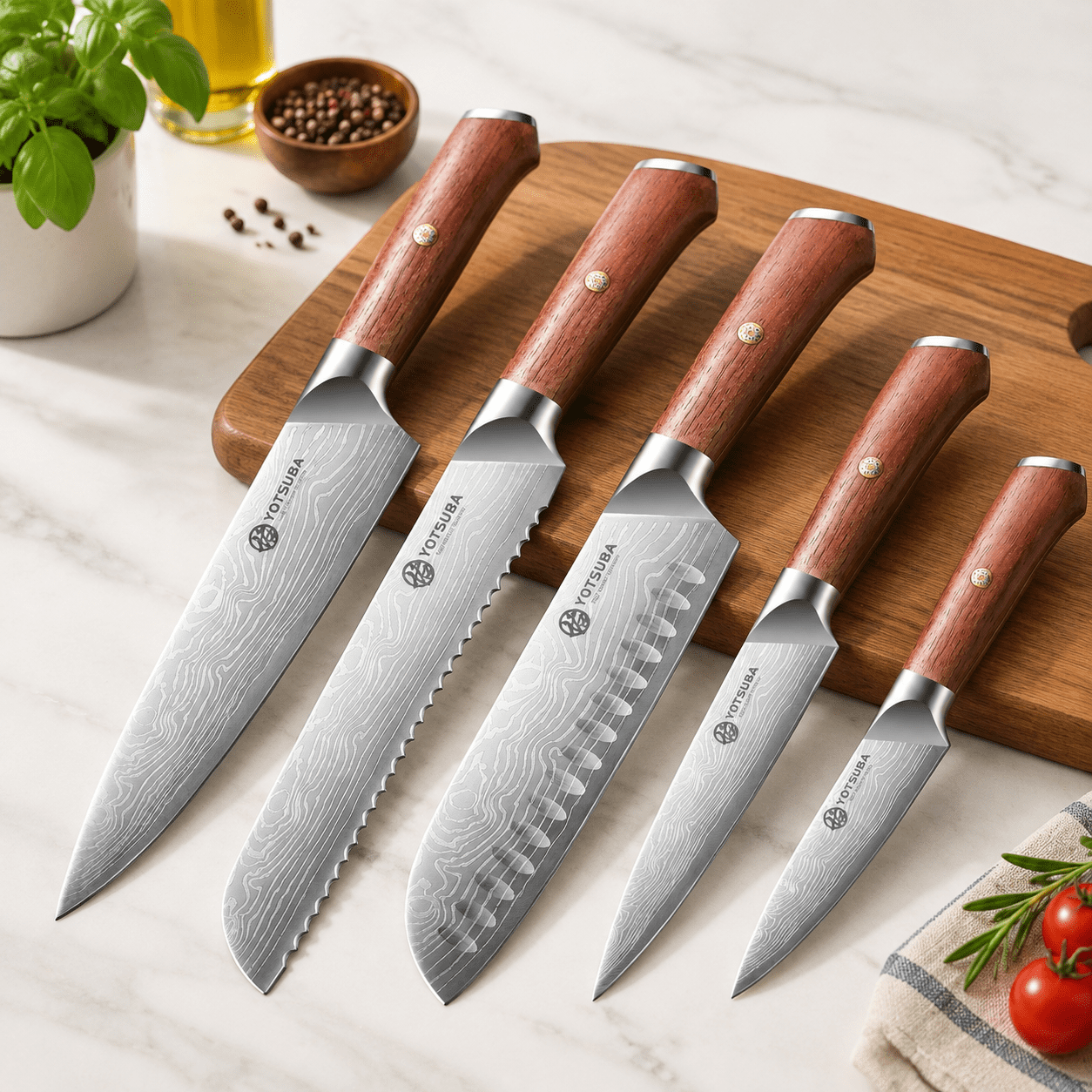 5-Piece Kitchen Cutlery Set with Auburn Rosewood Handles, High-Carbon ...