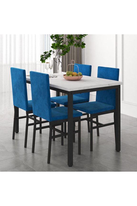 5 Piece Kitchen Dining Table and Chair Set, Dining Room Table Set with Faux Marble Table Velvet Padded Chairs, Rectangle Dining Table Set for 4, Dinette Set for Kitchen Dining Room Small Space
