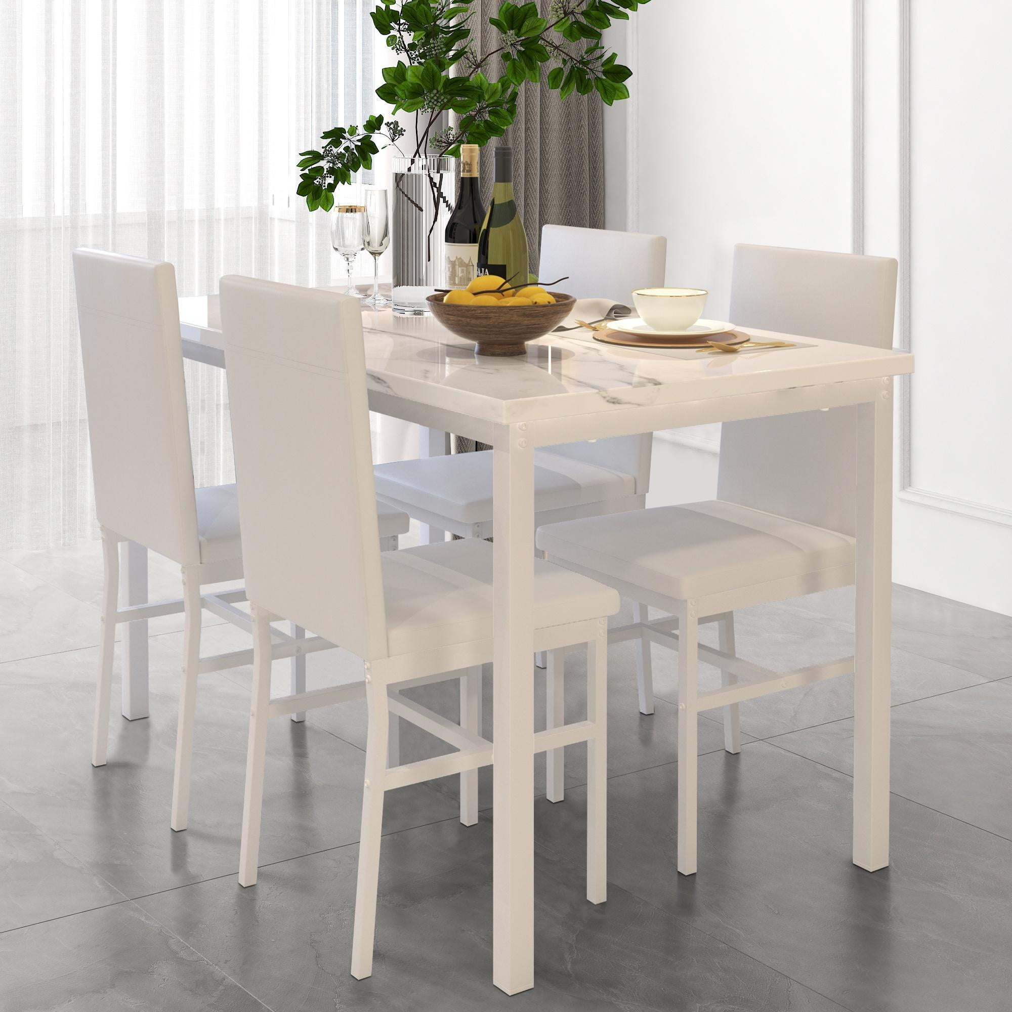 5 Piece Kitchen Dining Table and Chair Set, Dining Room Table Set with Faux Marble Table PU Leather Padded Chairs, Rectangle Dining Table Set for 4, Dinette Set for Kitchen Dining Room Small Space