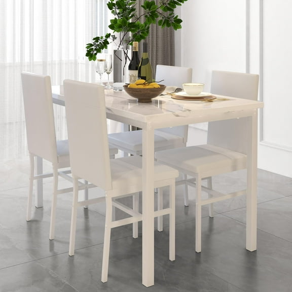 5 Piece Kitchen Dining Table and Chair Set, Dining Room Table Set with Faux Marble Table PU Leather Padded Chairs, Rectangle Dining Table Set for 4, Dinette Set for Kitchen Dining Room Small Space