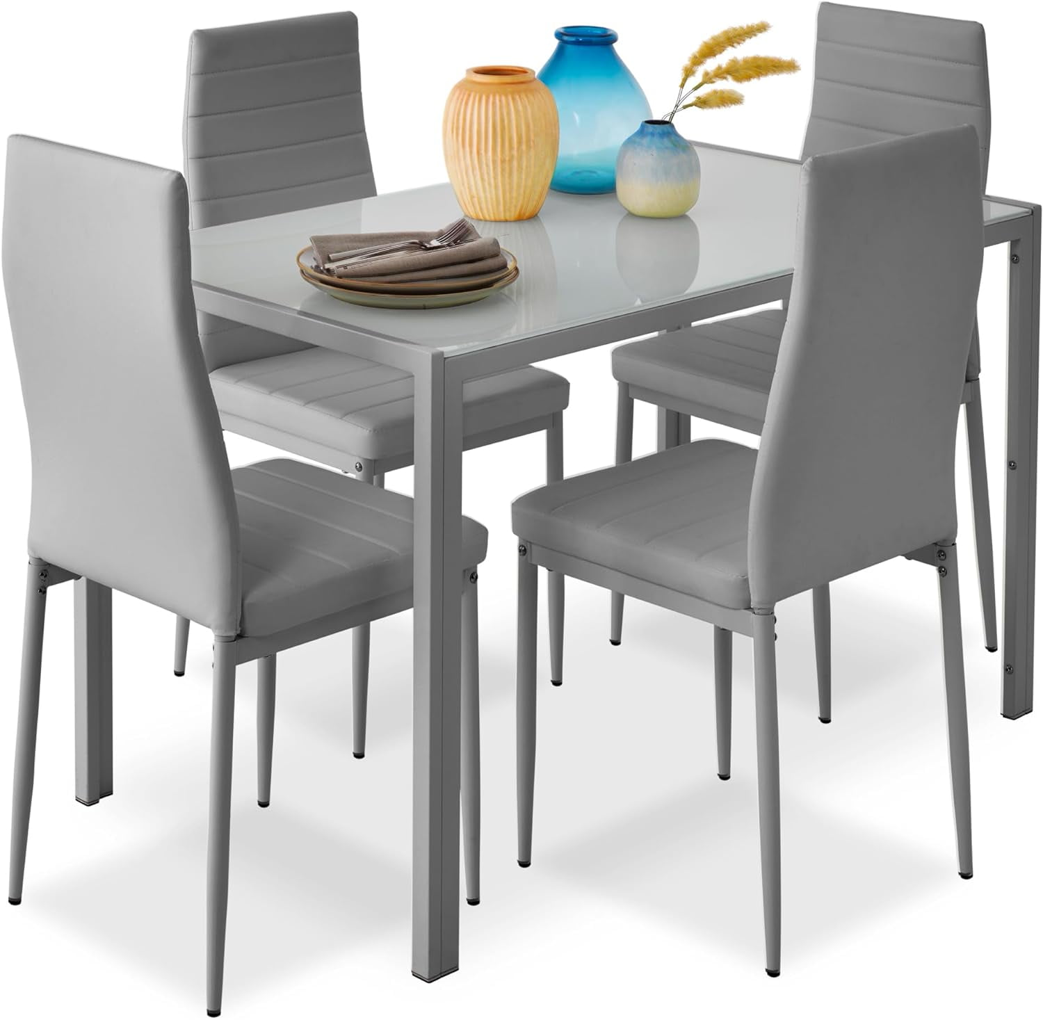 Gray 5-Piece Glass Dining Set with Faux Leather Chairs