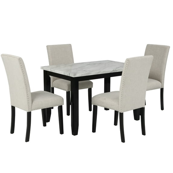 Rhomtree 5 Piece Modern Rubberwood Dining Table Set, Beige