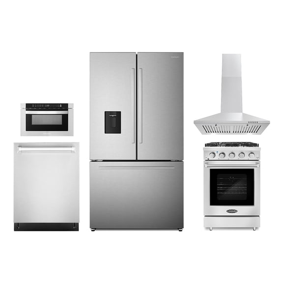 5 Piece Kitchen Package With 24" Freestanding Gas Range 24" Wall Mount Range Hood 24" Built-in Fully Integrated Dishwasher 30" Over-the-range Microwave & French Door Refrigerator