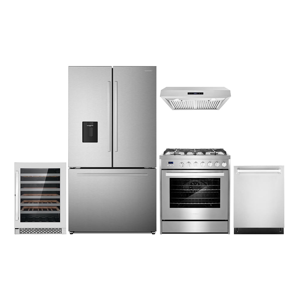 5 Piece Kitchen Package with 30" Freestanding Gas Range 30" Under Cabinet Range Hood 24" Built-in Fully Integrated Dishwasher 36" French Door Refrigerator & 48 Bottle Wine Refrigerator