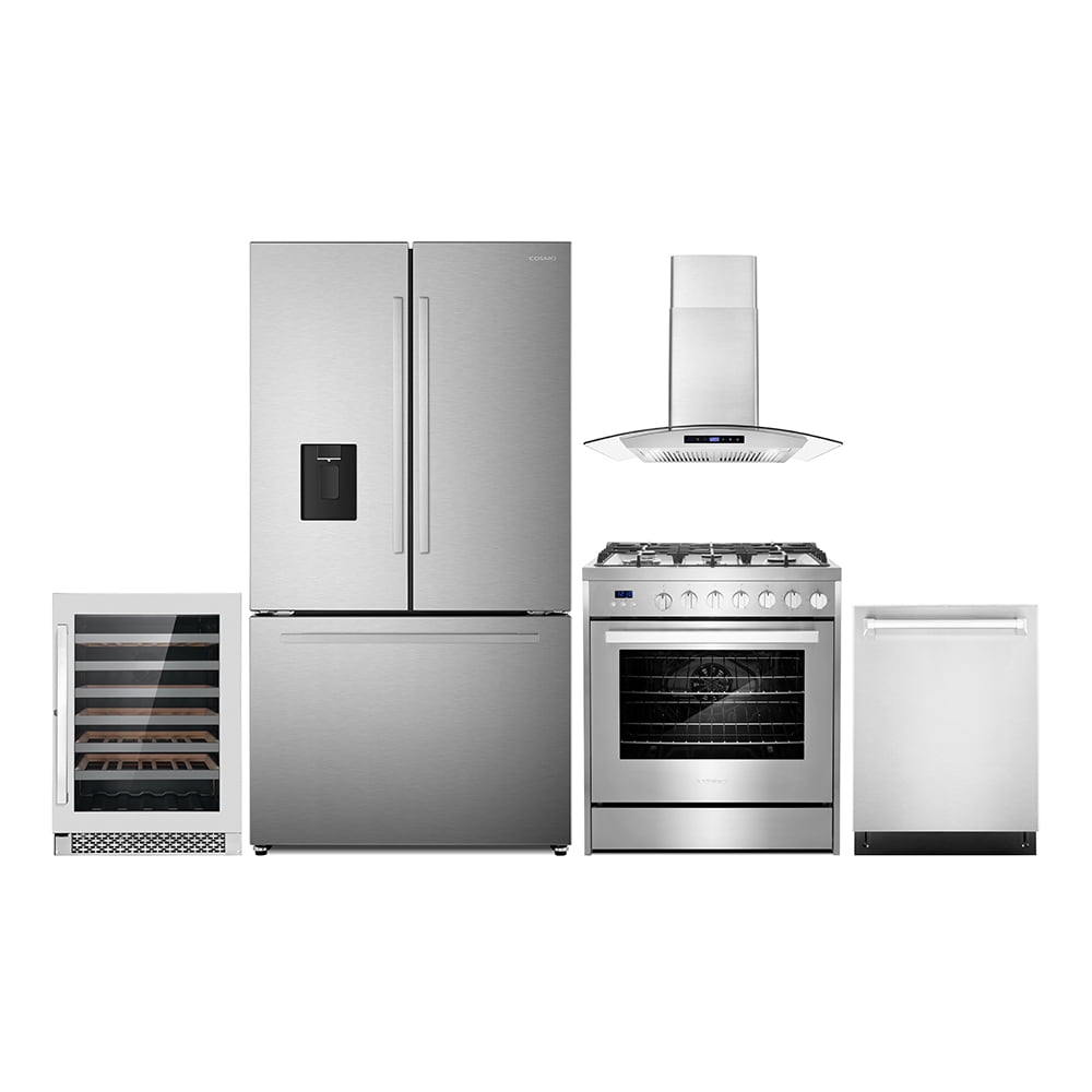 5 Piece Kitchen Package with 30" Freestanding Gas Range 30" Wall Mount Range Hood 24" Built-in Fully Integrated Dishwasher 36" French Door Refrigerator & 48 Bottle Wine Refrigerator