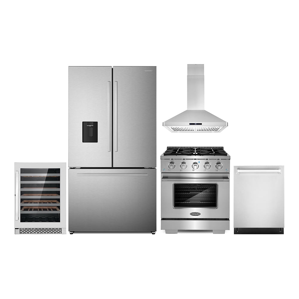 5 Piece Kitchen Package with 30" Freestanding Gas Range 30" Wall Mount Range Hood 24" Built-in Fully Integrated Dishwasher French Door Refrigerator & 48 Bottle Wine Refrigerator