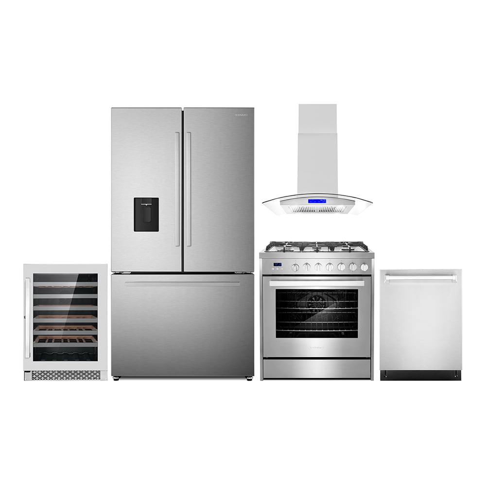 5 Piece Kitchen Package with 30" Freestanding Gas Range 30" Wall Mount Range Hood 24" Built-in Fully Integrated Dishwasher French Door Refrigerator & 48 Bottle Wine Refrigerator