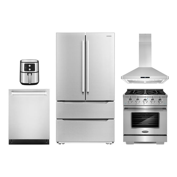 5 Piece Kitchen Package with 30" Freestanding Gas Range 30" Island Range Hood 24" Built-in Fully Integrated Dishwasher French Door Refrigerator & 5.5L Electric Hot Air Fryer