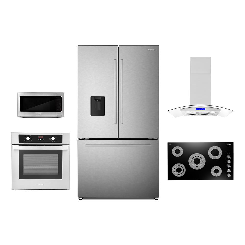 5 Piece Kitchen Package With 36" Electric Cooktop 36" Island Range Hood 30" Single Electric Wall Oven 17.3" Built-in Microwave & French Door Refrigerator