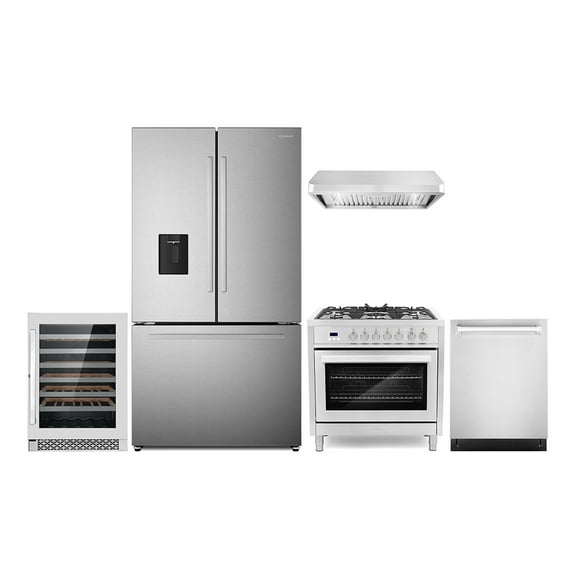5 Piece Kitchen Package with 36" Freestanding Dual Fuel Range 36" Under Cabinet Range Hood 24" Built-in Fully Integrated Dishwasher French Door Refrigerator & 48 Bottle Wine Refrigerator