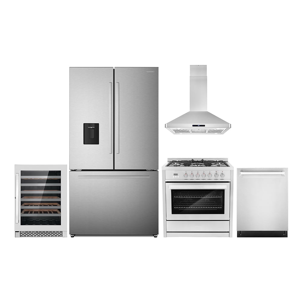 5 Piece Kitchen Package with 36" Freestanding Dual Fuel Range 36" Island Range Hood 24" Built-in Fully Integrated Dishwasher French Door Refrigerator & 48 Bottle Wine Refrigerator