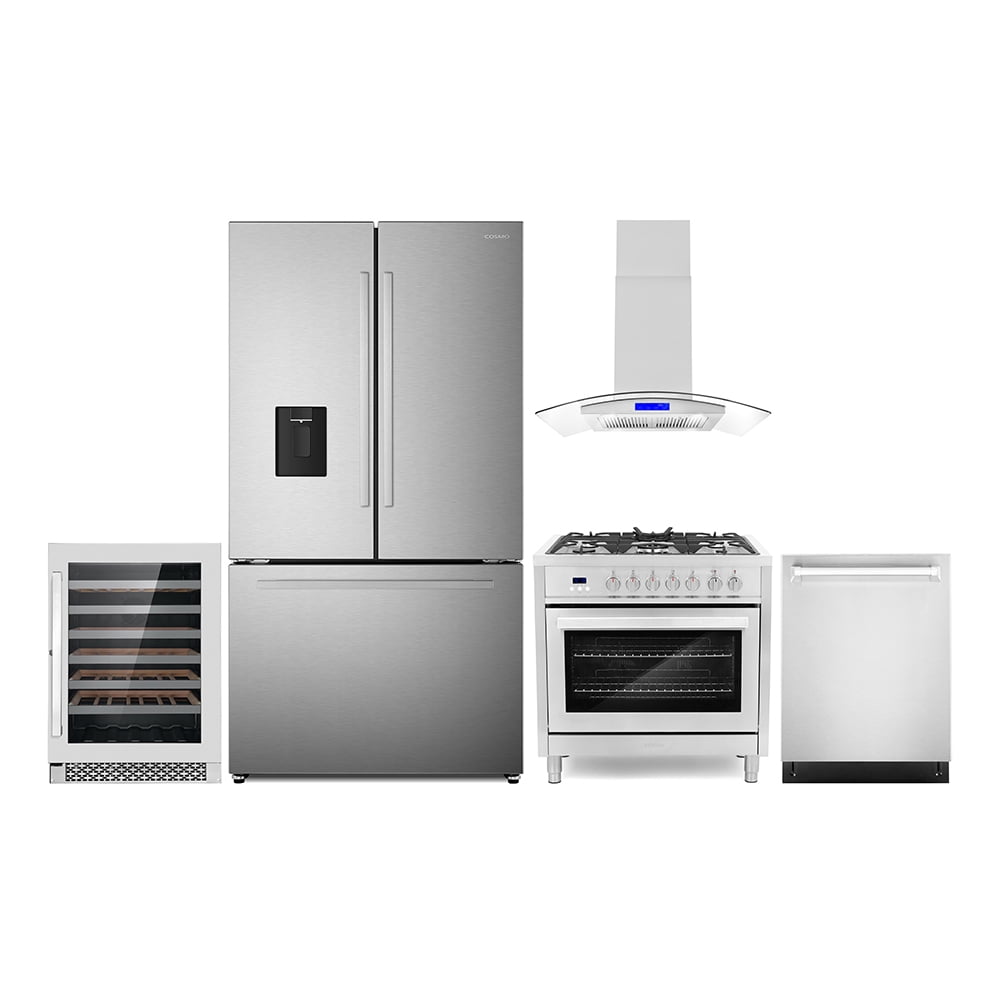 5 Piece Kitchen Package with 36" Freestanding Dual Fuel Range 36" Island Range Hood 24" Built-in Fully Integrated Dishwasher French Door Refrigerator & 48 Bottle Wine Refrigerator