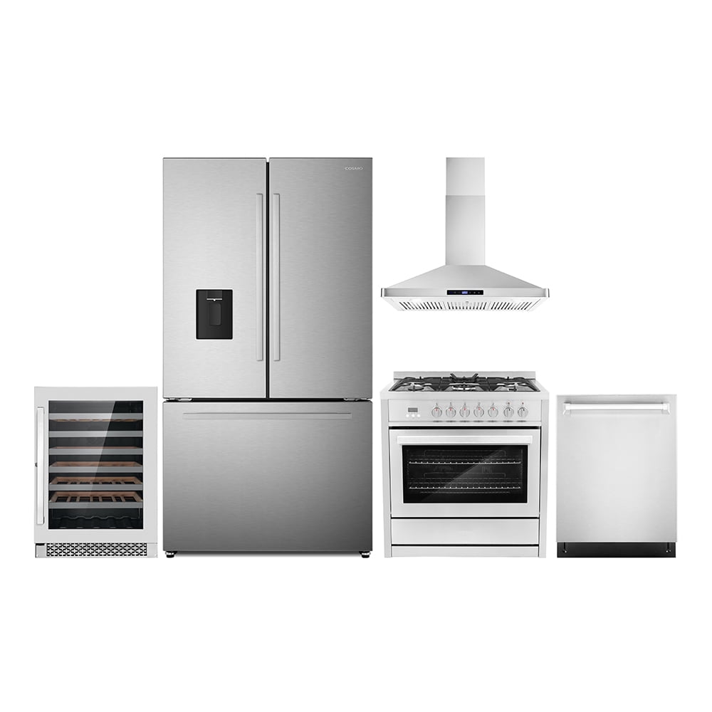5 Piece Kitchen Package with 36" Freestanding Dual Fuel Range 36" Wall Mount Range Hood 24" Built-in Fully Integrated Dishwasher French Door Refrigerator & 48 Bottle Wine Refrigerator