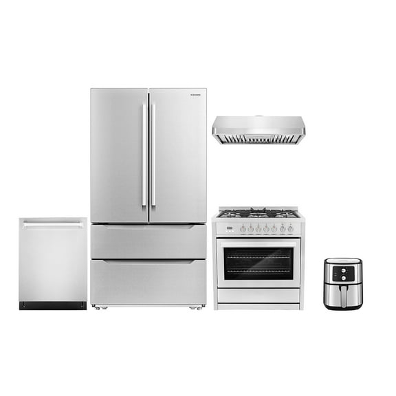 5 Piece Kitchen Package with 36" Freestanding Dual Fuel Range 36" Under Cabinet Range Hood 24" Built-in Fully Integrated Dishwasher French Door Refrigerator & 5.5L Electric Hot Air Fryer