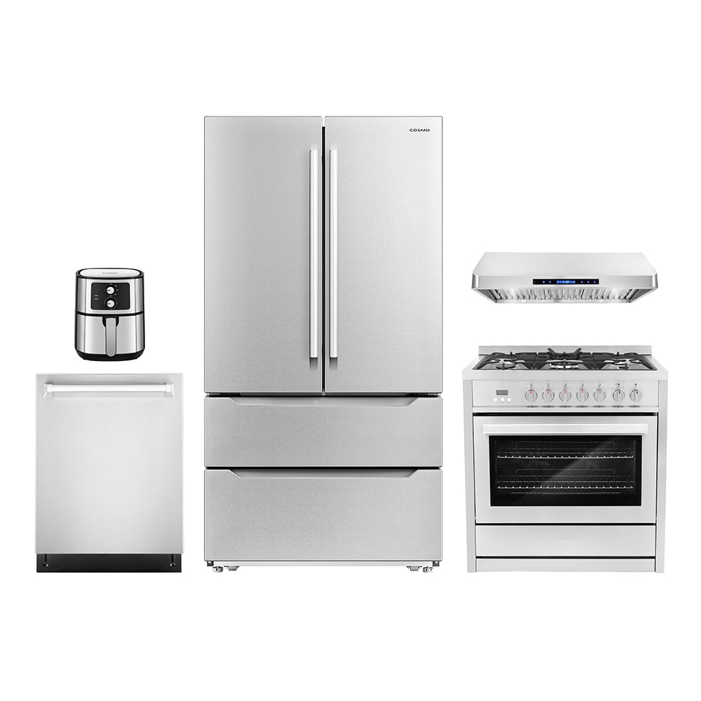 5 Piece Kitchen Package with 36" Freestanding Dual Fuel Range 36" Under Cabinet Range Hood 24" Built-in Fully Integrated Dishwasher French Door Refrigerator & 5.5L Electric Hot Air Fryer