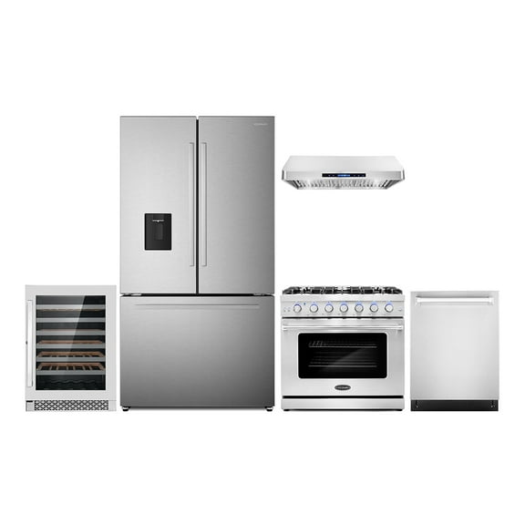 5 Piece Kitchen Package with 36" Freestanding Gas Range 36" Under Cabinet 24" Built-in Fully Integrated Dishwasher French Door Refrigerator & 48 Bottle Wine Refrigerator
