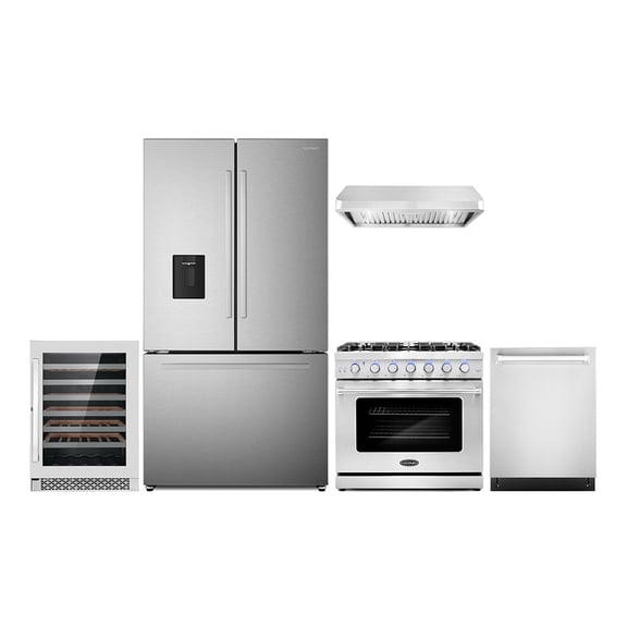 5 Piece Kitchen Package with 36" Freestanding Gas Range 36" Under Cabinet 24" Built-in Fully Integrated Dishwasher French Door Refrigerator & 48 Bottle Wine Refrigerator