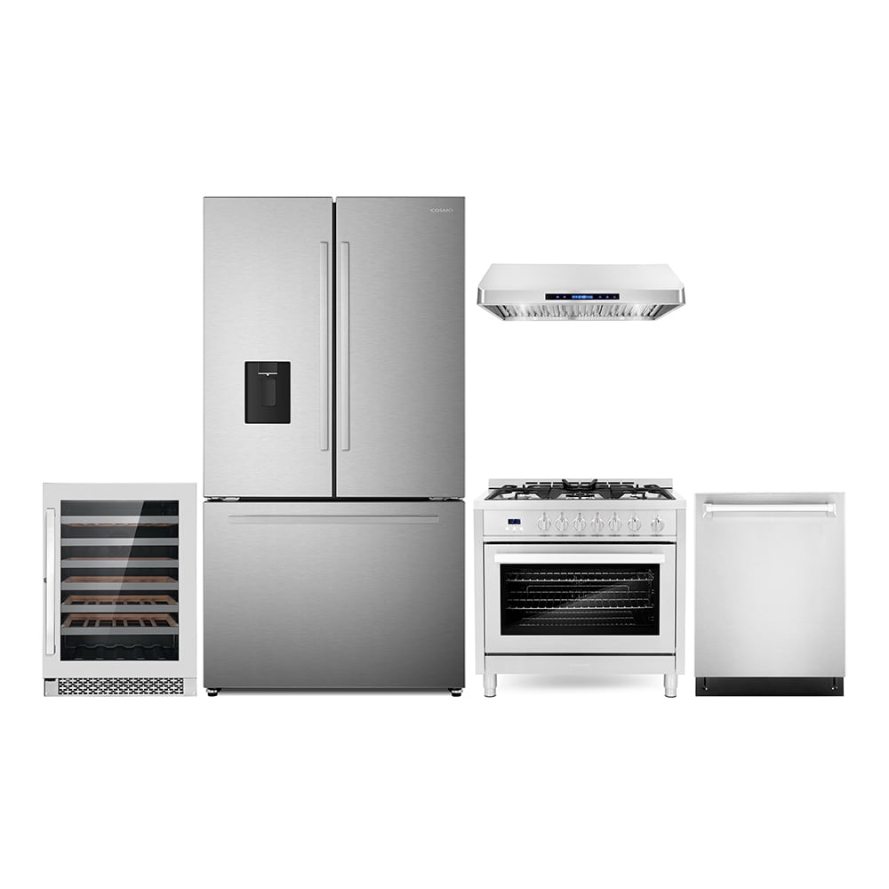 5 Piece Kitchen Package with 36" Freestanding Gas Range 36" Under Cabinet Range Hood 24" Built-in Fully Integrated Dishwasher French Door Refrigerator & 48 Bottle Wine Refrigerator