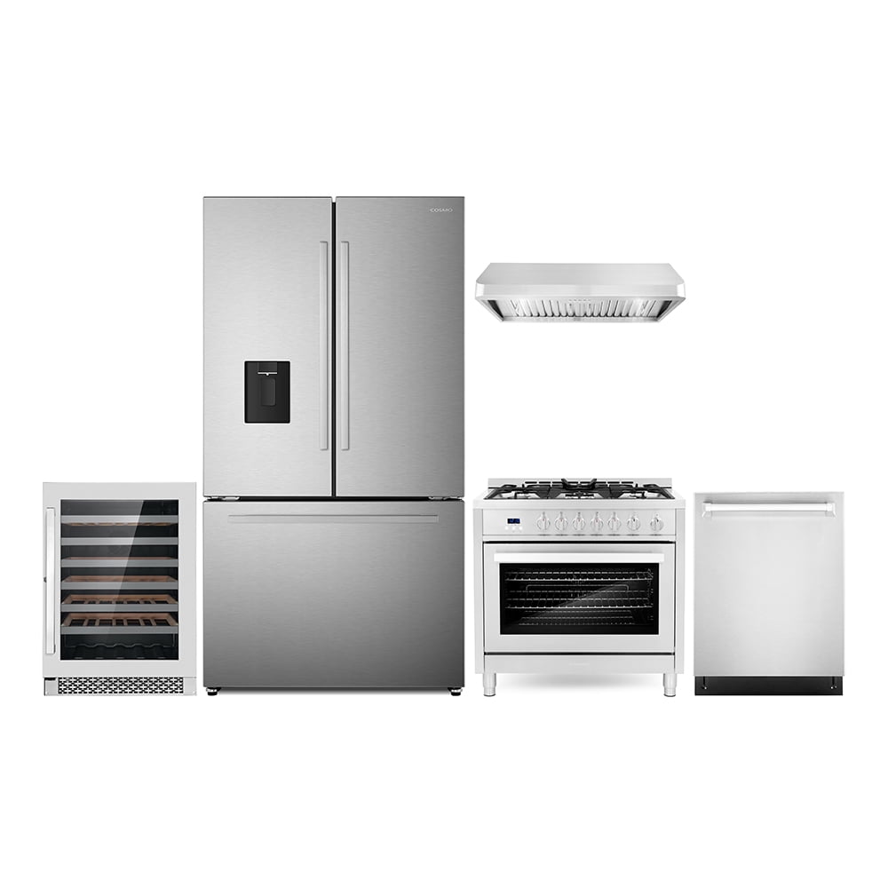 5 Piece Kitchen Package with 36" Freestanding Gas Range 36" Under Cabinet Range Hood 24" Built-in Fully Integrated Dishwasher French Door Refrigerator & 48 Bottle Wine Refrigerator