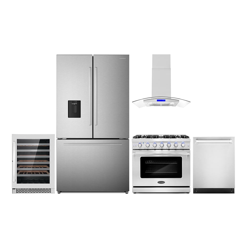 5 Piece Kitchen Package with 36" Freestanding Gas Range 36" Island Mount 24" Built-in Fully Integrated Dishwasher French Door Refrigerator & 48 Bottle Wine Refrigerator