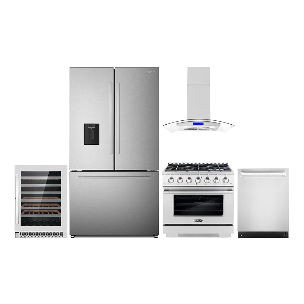 5 Piece Kitchen Package with 36" Freestanding Gas Range 36" Island Range Hood 24" Built-in Fully Integrated Dishwasher French Door Refrigerator & 48 Bottle Wine Refrigerator