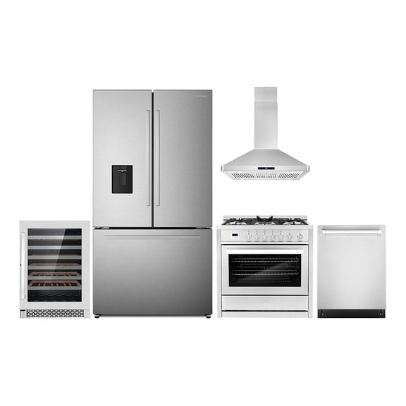5 Piece Kitchen Package with 36" Freestanding Gas Range 36" Island Range Hood 24" Built-in Fully Integrated Dishwasher French Door Refrigerator & 48 Bottle Wine Refrigerator