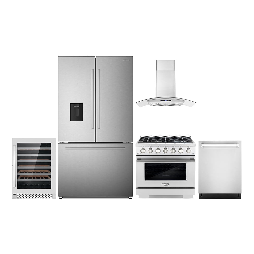 5 Piece Kitchen Package with 36" Freestanding Gas Range 36" Wall Mount Range Hood 24" Built-in Fully Integrated Dishwasher French Door Refrigerator & 48 Bottle Wine Refrigerator