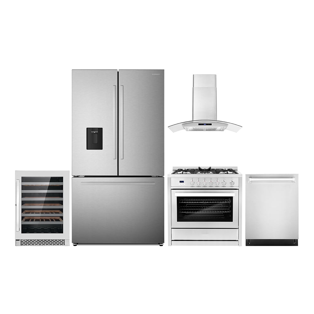 5 Piece Kitchen Package with 36" Freestanding Gas Range 36" Wall Mount Range Hood 24" Built-in Fully Integrated Dishwasher French Door Refrigerator & 48 Bottle Wine Refrigerator