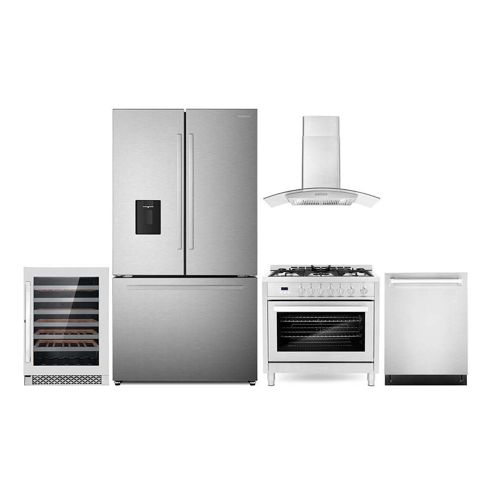 5 Piece Kitchen Package with 36" Freestanding Gas Range 36" Wall Mount Range Hood 24" Built-in Fully Integrated Dishwasher French Door Refrigerator & 48 Bottle Wine Refrigerator
