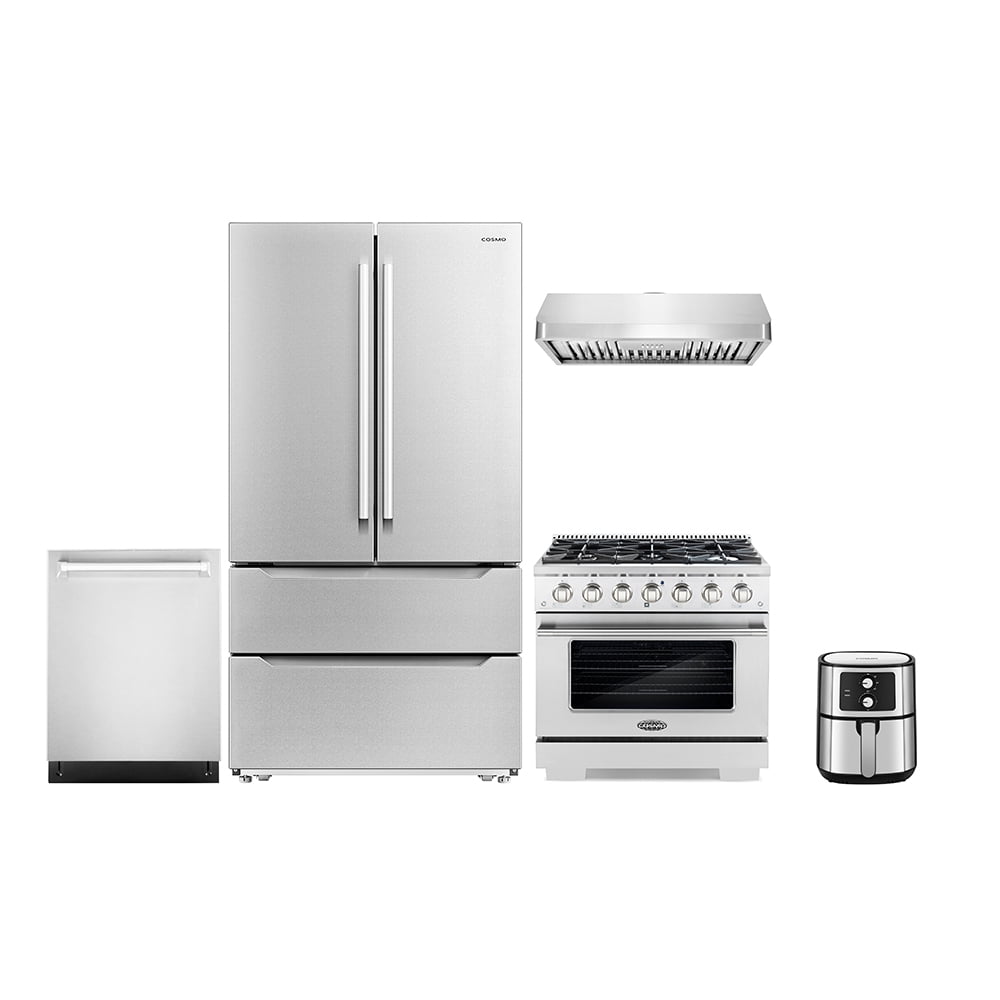 5 Piece Kitchen Package with 36" Freestanding Gas Range 36" Under Cabinet Range Hood 24" Built-in Fully Integrated Dishwasher French Door Refrigerator & 5.5L Electric Hot Air Fryer