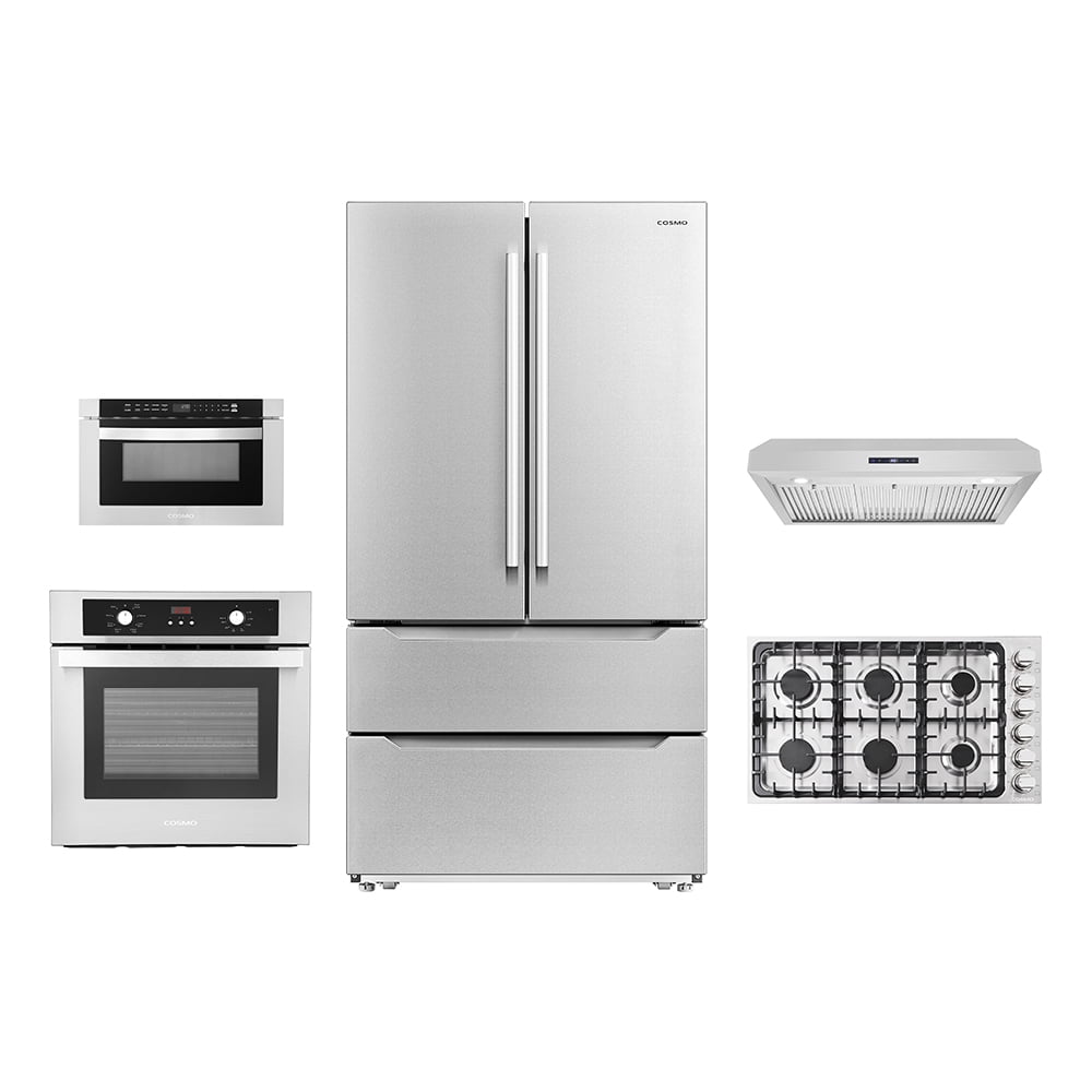 5 Piece Kitchen Package With 30" Gas Cooktop 24" Single Electric Wall Oven 24" Built-In Microwave Drawer & French Door Refrigerator