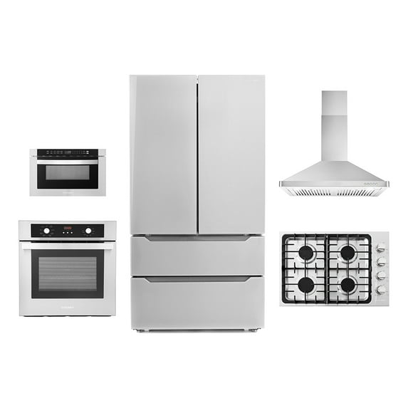 5 Piece Kitchen Package With 30" Gas Cooktop 30" Wall Mount Range Hood 24" Single Electric Wall Oven 24" Built-In Microwave Drawer & French Door Refrigerator