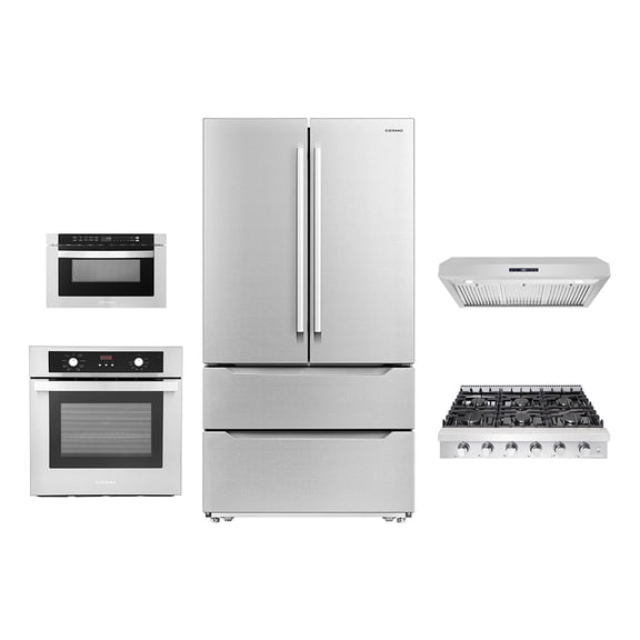 5 Piece Kitchen Package With 30" Slide-In Gas Cooktop 24" Single Electric Wall Oven 24" Built-In Microwave Drawer & French Door Refrigerator