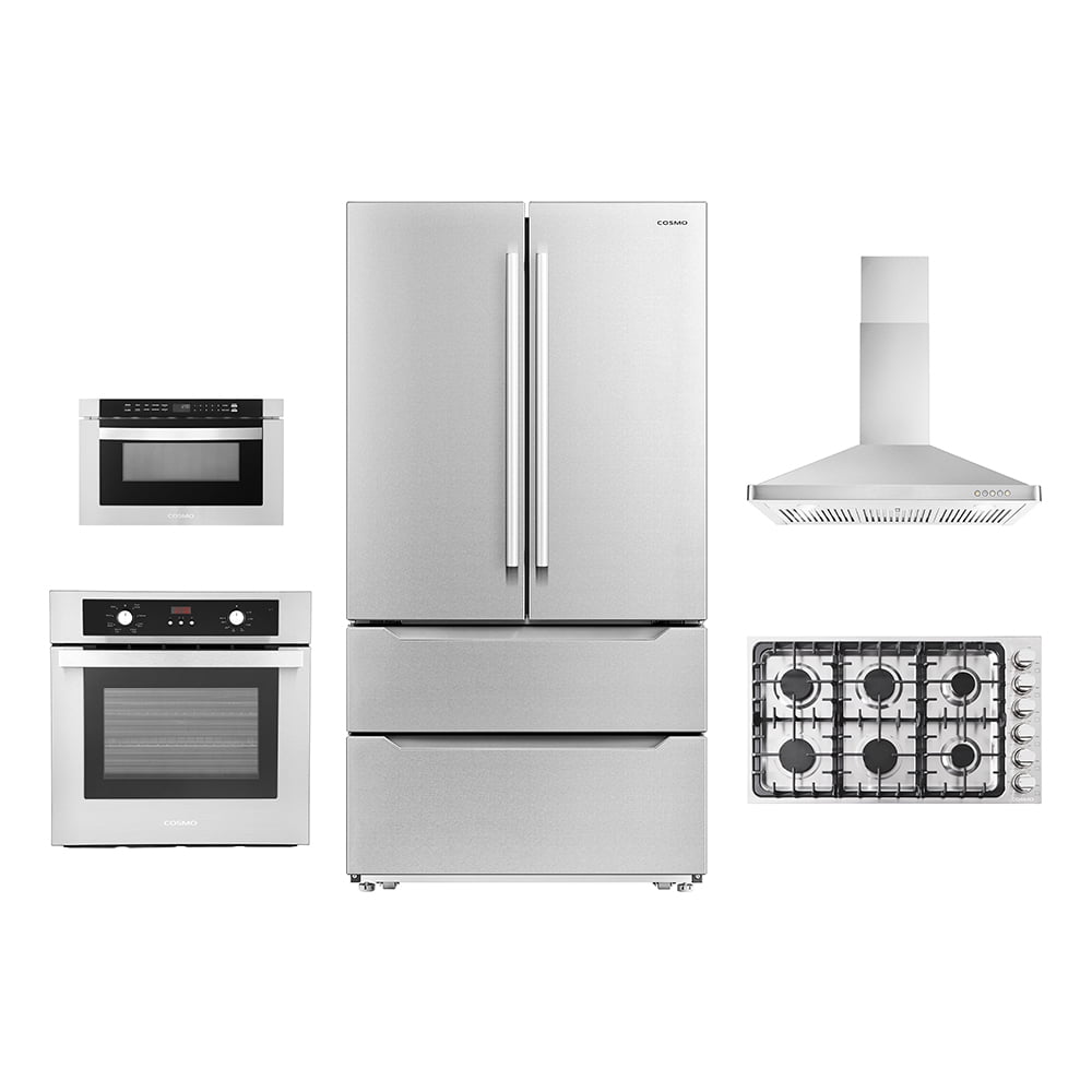 5 Piece Kitchen Package With 36" Gas Cooktop 36" Wall Mount Range Hood 24" Single Electric Wall Oven 24" Built-In Microwave Drawer & French Door Refrigerator