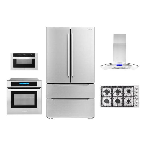 5 Piece Kitchen Package With 36" Gas Cooktop 36" Wall Mount Range Hood 30" Single Electric Wall Oven 24" Built-In Microwave Drawer & French Door Refrigerator