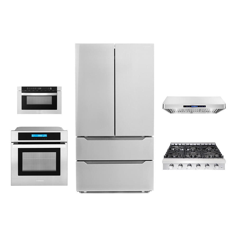 5 Piece Kitchen Package With 36" Slide-In Gas Cooktop 36" Under Cabinet Range Hood 30" Single Electric Wall Oven 24" Built-In Microwave Drawer & French Door Refrigerator