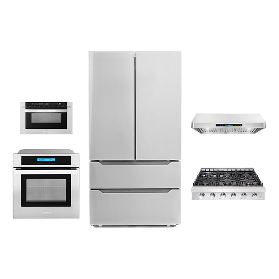 5 Piece Kitchen Package With 36" Slide-In Gas Cooktop 36" Under Cabinet Range Hood 30" Single Electric Wall Oven 24" Built-In Microwave Drawer & French Door Refrigerator