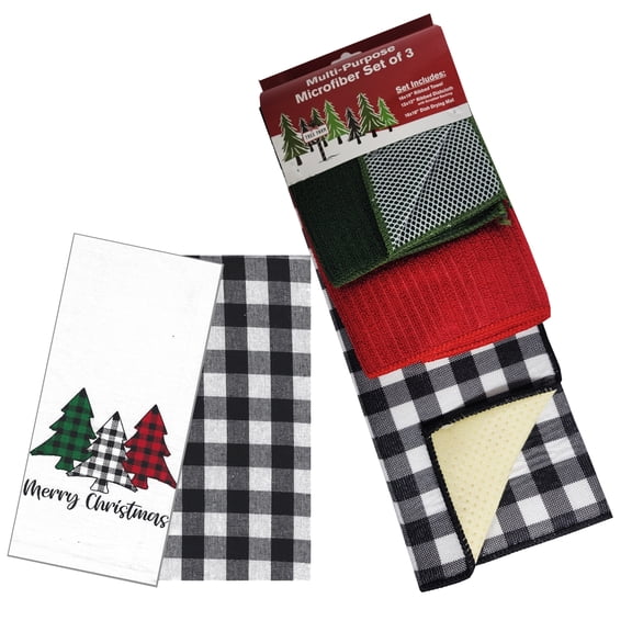 5 Piece Kitchen Set, Buffalo Plaid Drying Mat, Towels Green Dishcloth Dishtowel Kane