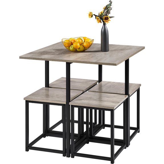 5 Piece Kitchen Table and Chair Set, Square Dining Table with 4 Backless Stools, Compact Breakfast Nook Set for Small Spaces, Apartment, Kitchen, Dining Room, Office, Gray