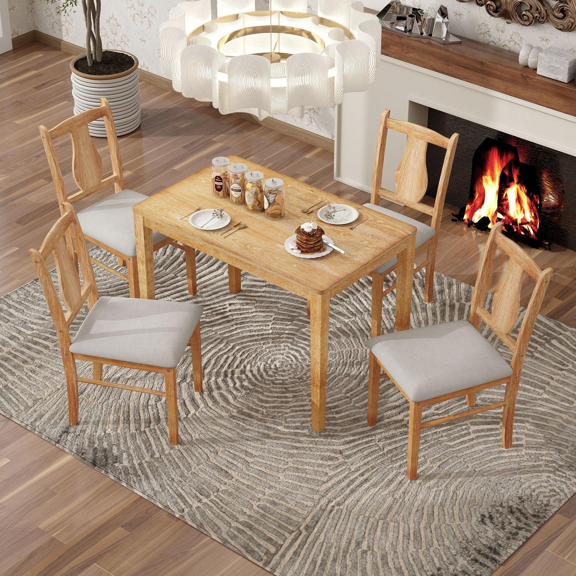 5 Piece Kitchen Table Set, Dining Table Set with 4 Cushioned Chairs, Wood Dining Table and ...