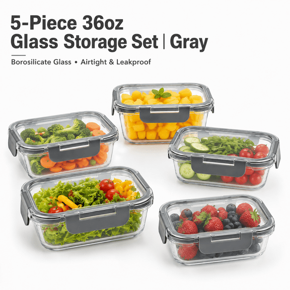 5-Piece Large 36oz Glass Food Storage Containers with Airtight Lids, Premium BPA-Free Borosilicate Glass, Leak-Proof Meal Prep Set, Stackable, Microwave/Freezer/Oven Safe, Gray