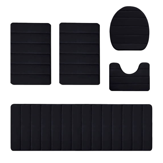 5-Piece Large Bathroom Rugs Set Microfiber Fleece Surface with Latex Non-Slip Backing Classic Stripe Pattern Black Bath Mat