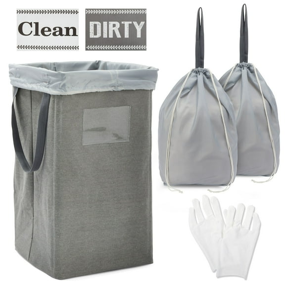 5 Piece Large Collapsible Laundry Hamper with 2 Removable Liner Bags and Folding Frame (Grey, 13 x 23 In)