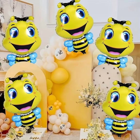 5-Piece Large-Eyed Yellow Bee Foil Balloons - Fun Insect Theme Decorations for Kids' Birthday and Summer Parties